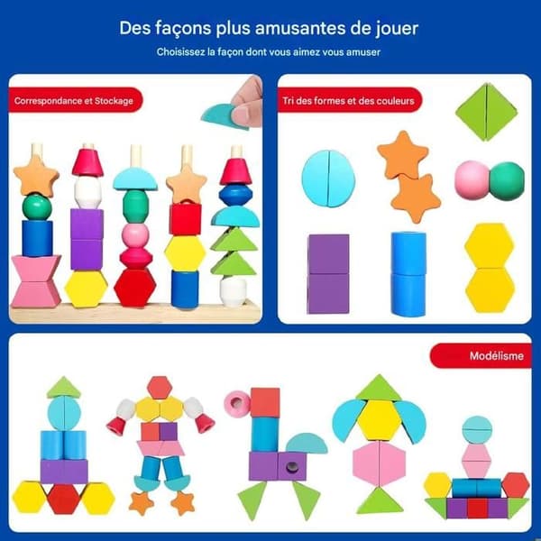 Leksak Barn 3 År - 3 i 1 Trä Perle Trädgårdsleksak - Stapelbar och Trä Trådlek, Montessori Spel 2 År, Utbildningsspel 2 År