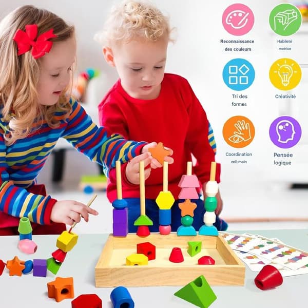 Leksak Barn 3 År - 3 i 1 Trä Perle Trädgårdsleksak - Stapelbar och Trä Trådlek, Montessori Spel 2 År, Utbildningsspel 2 År