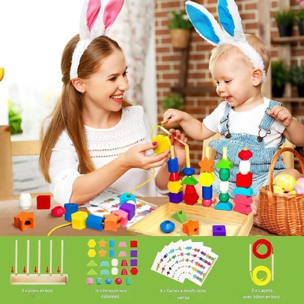 Leksak Barn 3 År - 3 i 1 Trä Perle Trädgårdsleksak - Stapelbar och Trä Trådlek, Montessori Spel 2 År, Utbildningsspel 2 År