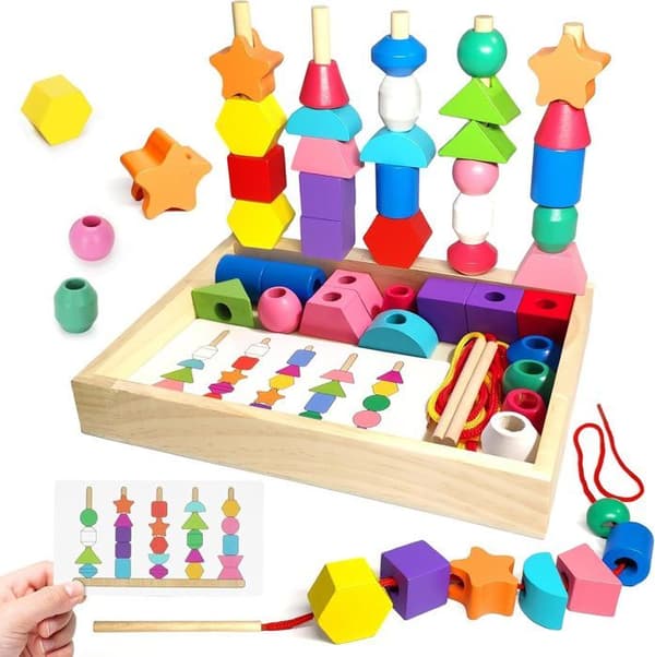 Leksak Barn 3 År - 3 i 1 Trä Perle Trädgårdsleksak - Stapelbar och Trä Trådlek, Montessori Spel 2 År, Utbildningsspel 2 År