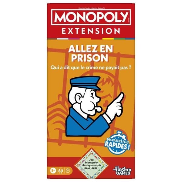 Monopoly Go to Jail Expansion, gör det klassiska Monopoly-spelet roligare och snabbare, brädspel, 2 till 6 spelare, 40 m