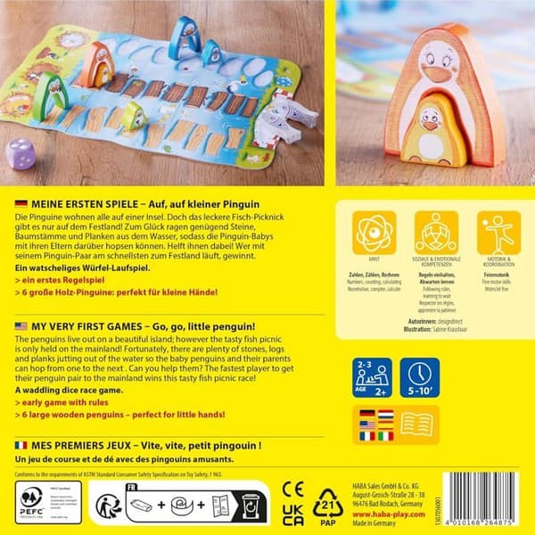 HABA - Mina första spel - Fort, fort, lilla pingvin! - Spel för barn 2 år och uppåt - Löppspel - Stimulerar räkneövningar
