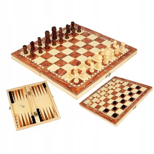 SCHACK I TRÄ KLASSISKT SCHACK BACKSPEL 3-I-1 XXL STOR 24x24cm
