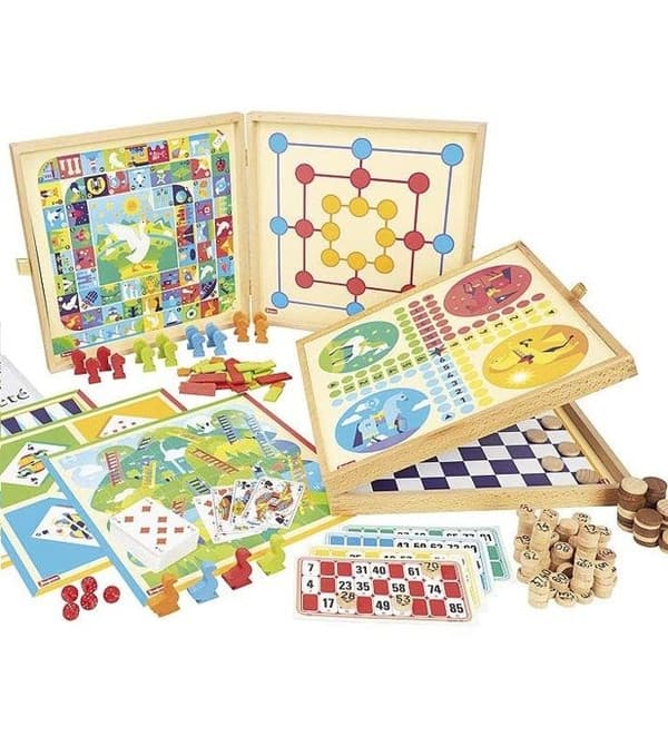 JEUJURA Box med klassiska spel - 150 regler - Träbönder