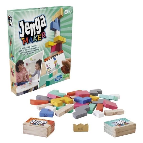 Jenga Maker, staplingstorn med äkta massiva träblock, spel för barn från 8 år och uppåt, för 2 till 6 spelare