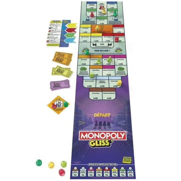 Monopol Gliss', familjegruppspel för barn, tonåringar och vuxna, från 8 år, 2 till 8 spelare, 20 minuter i genomsnitt, spel
