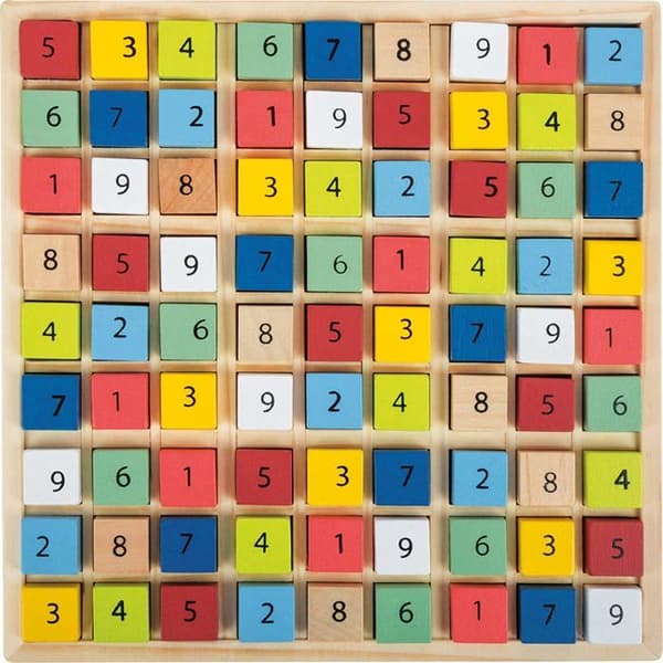liten fot 11164 Färgglad Sudoku "Educate" i trä, med 81 numrerade kuber i klara färger, från 6 år. 11164