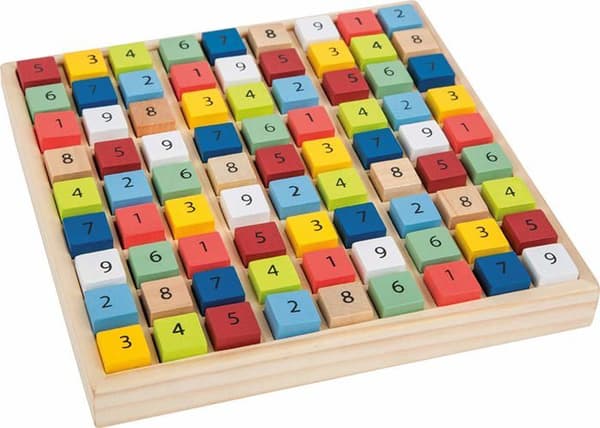 liten fot 11164 Färgglad Sudoku "Educate" i trä, med 81 numrerade kuber i klara färger, från 6 år. 11164