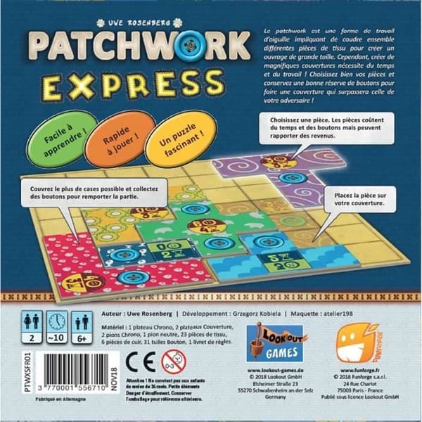 Patchwork Express brädspel - FUN FORGE - För 2 spelare - 25 min - Från 6 år