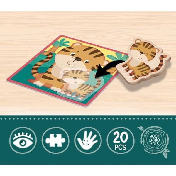 Pussel med djur - Montessori spel - MONTESSORI TRÄ - Texturerade bitar, Realistiska illustrationer