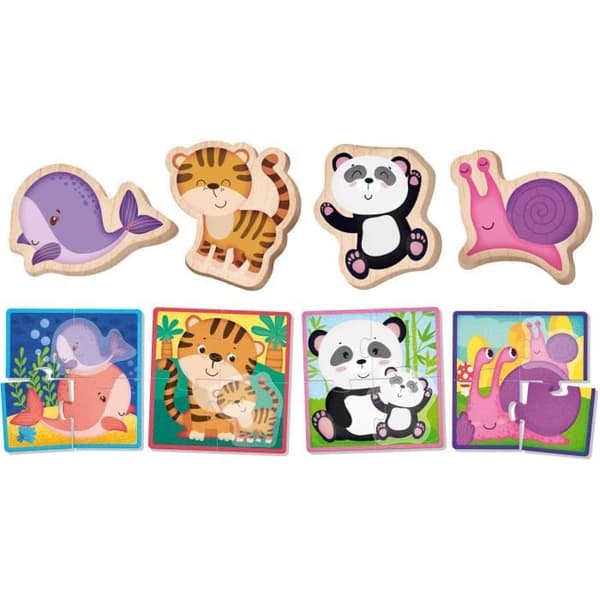 Pussel med djur - Montessori spel - MONTESSORI TRÄ - Texturerade bitar, Realistiska illustrationer