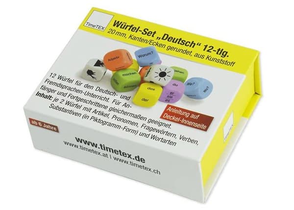 Lärandespel Timetex - 92603 - Pack med 12 tärningar på tyska i en låda av 20 mm