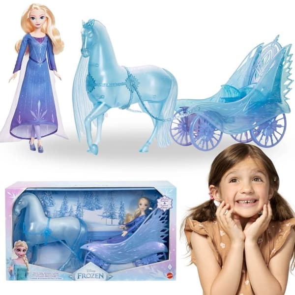 DISNEY Frozen Elsa Hästdragen bil och leksaksdocka, för tjejer 3+ MATTEL