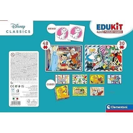 Clementoni - Edukit - Disney - 4 i 1 inlärningslåda - 2 pussel, 1 memo, 1 uppsättning med 6 kuber - Tillverkad i Italien - från 4 år och uppåt