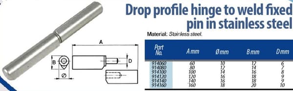 Hinge 100mm Stainless drop profile weldable fixed pin - 1pair - 2pcs