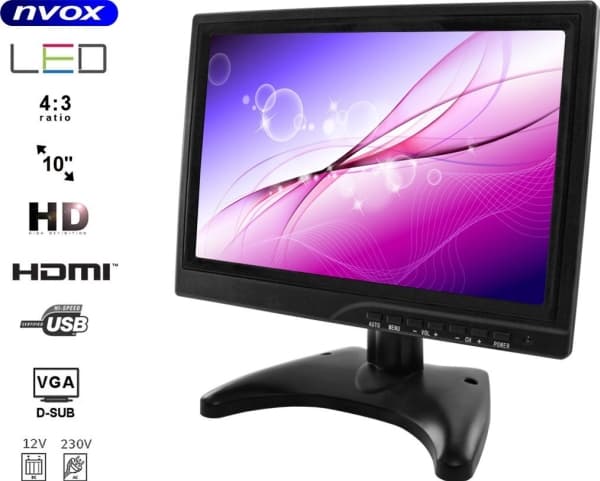 Autoradio Monitor LED HD 10cali HDMI VGA USB AV BNC 12V 230V... (NVOX PC1018 HD)