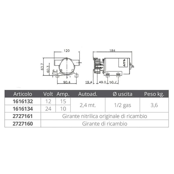 Jabsco Vattenpump Puppy 2000 32lt/min 12v 1/2´´ Guld 184 x 120 x 84 mm
