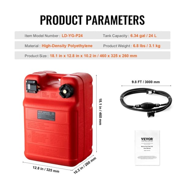Brændstoftank, 6Gal/24L Kapacitet, Slange inkluderet, 6GAL