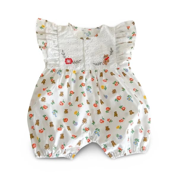 Utrolig søt shortsdress & jumpsuit volangblonde blomst & bamse 0-6 måneder Bodysuit
