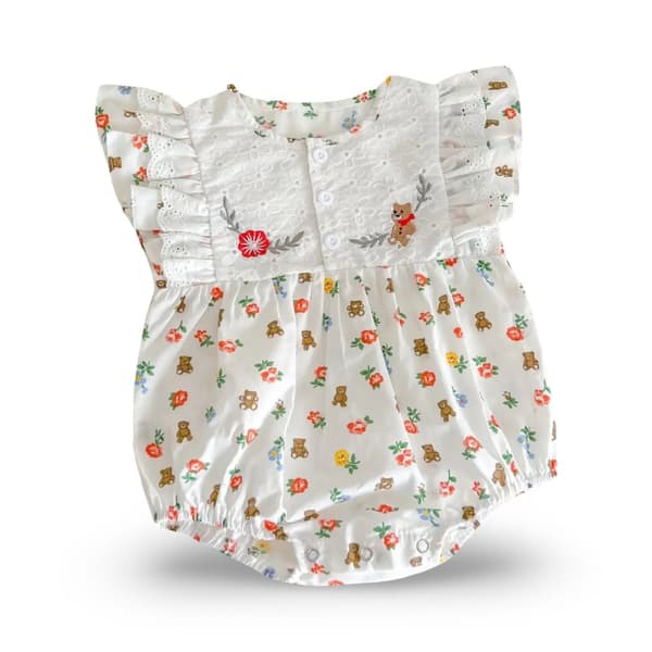 Otroligt söt shortsdress eller jumpsuit volang spets blomma nalle 0-6 månader