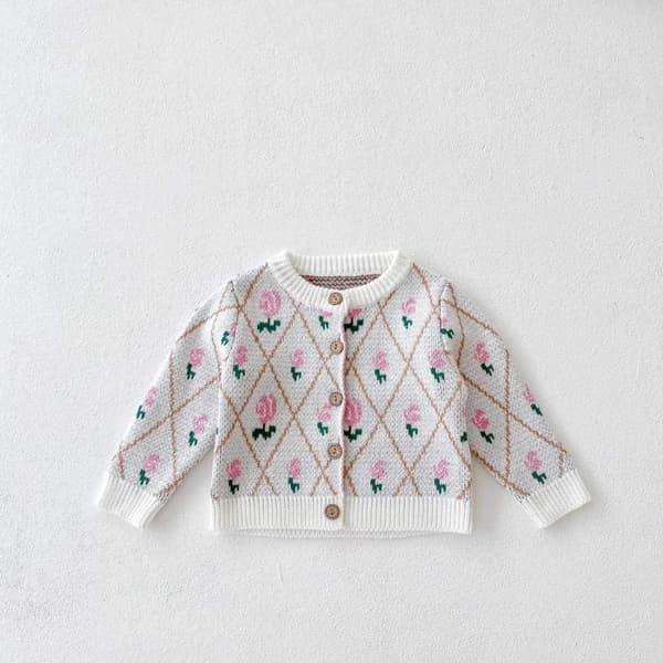 Matchande stickad kofta shorts med rosmotiv retro klassisk stil