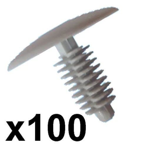 100 Grey Plastic Car Trim Clips- 6-7mm hole- 24mm Head