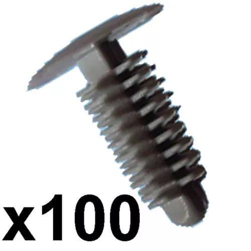 100 Grey Plastic Car Trim Clips- 6-7mm hole- 14mm Head