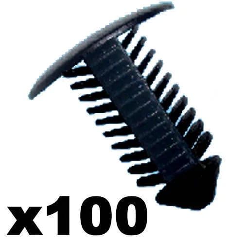 100x Plastic Fir Tree Trim Clips- 8mm Hole, 18mm Head, Black- Perfect for VW