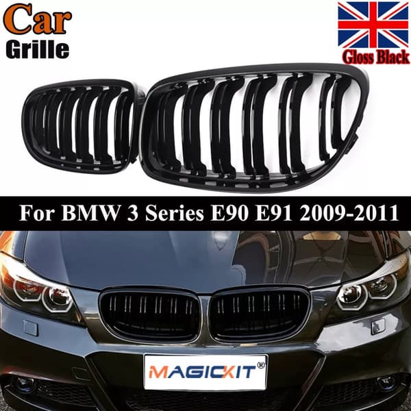 Gloss Black Dual Line Front Grille Kidney for 09-11 BMW E90 E91 3-Series Sedan