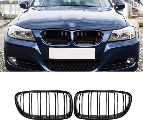 Gloss Black Dual Line Front Grille Kidney for 09-11 BMW E90 E91 3-Series Sedan