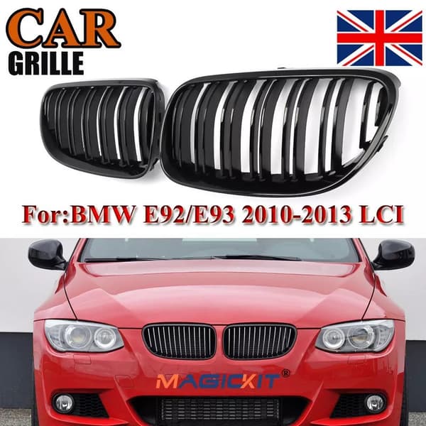 For BMW 3 Series E92 E93 2010-2013 LCI Kidney Grille Grill Gloss Black Dual Line