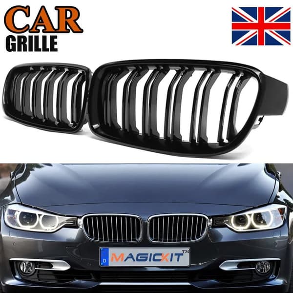 FOR BMW F30 F31 3 SERIES 2012-18 KIDNEY TWIN GRILLS GRILLE GLOSS BLACK DUAL LINE