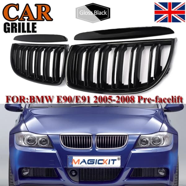 FOR BMW 3 SERIES E90 E91 DUAL SLAT GLOSS BLACK FRONT KIDNEY GRILLE 05-08 PRE-LCI