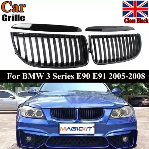 FOR BMW 3-SERIES E90 E91 2005-2008 PRE-FACELIFT GLOSS BLACK KIDNEY GRILL GRILLES