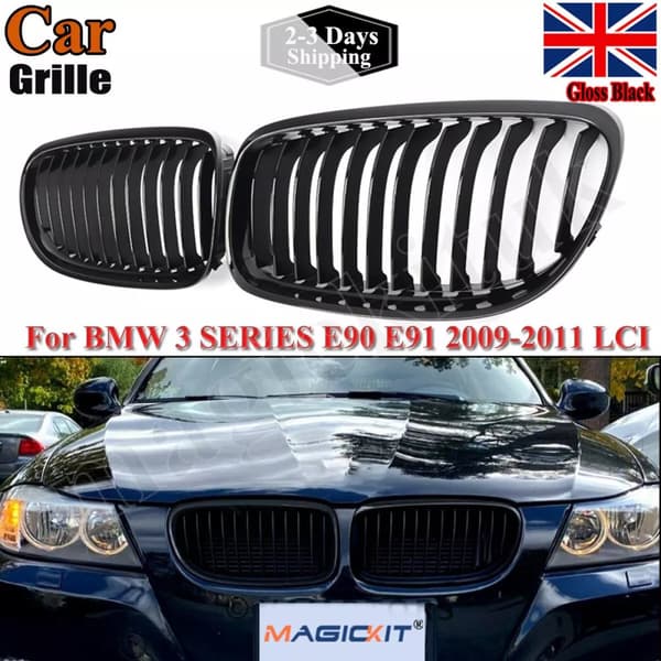 2x For BMW 3 Series E90 E91 Facelift 09-11 Gloss Black Front Kidney Grille Grill