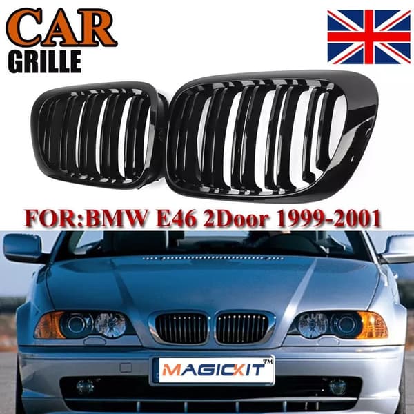 For 1998-2001 BMW E46 2 Door 2D Coupe Gloss Black Dual Slat Kidney Grille Grill