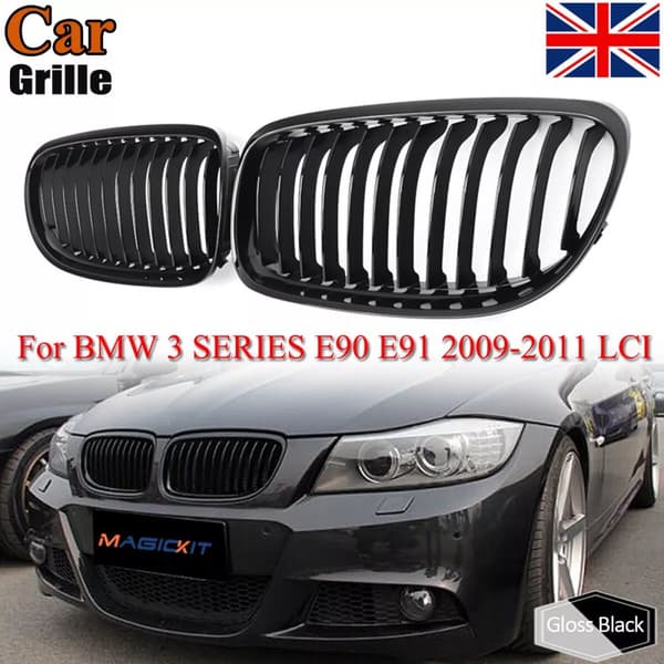 For BMW E90 E91 3 Series Saloon 2009-11 Front Kidney Grille Grill Gloss Black