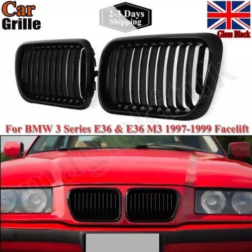 Gloss Black Kidney Grille For BMW 97-99 E36 M3 3-Series Saloon Coupe Facelift