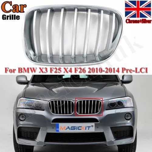 Left Side Front Bumper Kidney Grille Chrome&Silver For BMW X3 F25 X4 F26 10-2014
