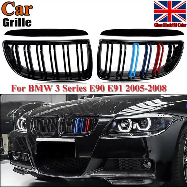 FOR BMW 3-SERIES E90 E91 M COLOR KIDNEY TWIN DUAL GRILLES GLOSS BLACK 2005-2008
