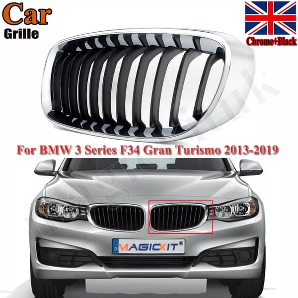 11 Bars Black+Chrome Left Kidney Grill Grille For BMW 3 Series GT F34 2013-2019