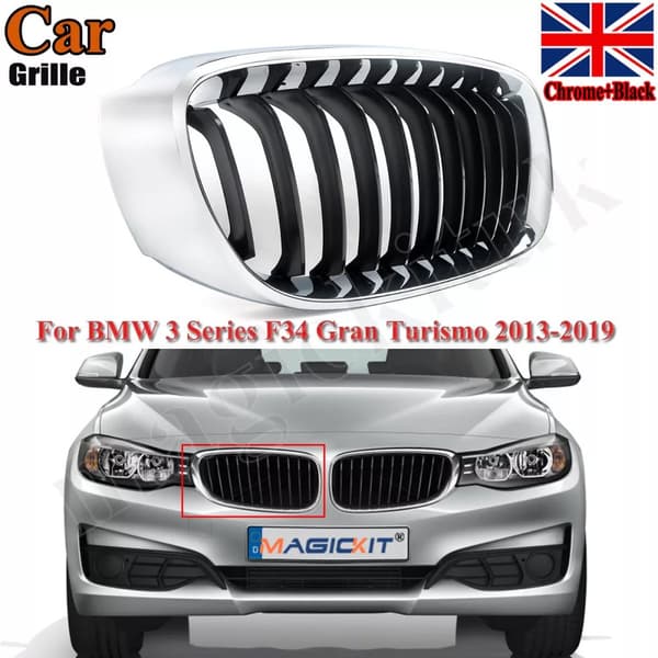 11 Bars Black+Chrome Right Kidney Grill Grille For BMW 3 Series GT F34 2013-2019