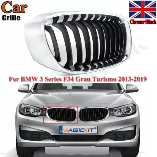 11 Bars Black+Chrome Right Kidney Grill Grille For BMW 3 Series GT F34 2013-2019
