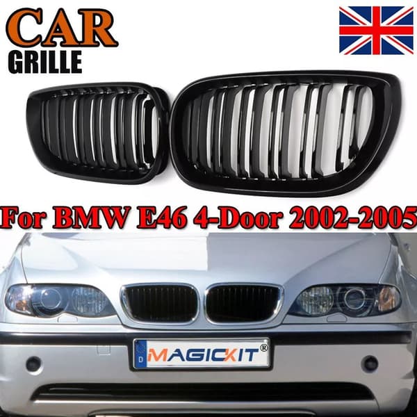 FOR BMW E46 4DR 01-05 GLOSS BLACK FRONT KIDNEY GRILLES GRILLS TWIN DOUBLE SPOKE