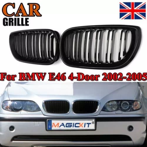 FOR BMW E46 4DR 01-05 GLOSS BLACK FRONT KIDNEY GRILLES GRILLS TWIN DOUBLE SPOKE