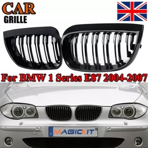 FOR BMW 1 SERIES E87 FRONT BUMPER KIDNEY GRILLES GLOSS BLACK DUAL LINE 2004-2007
