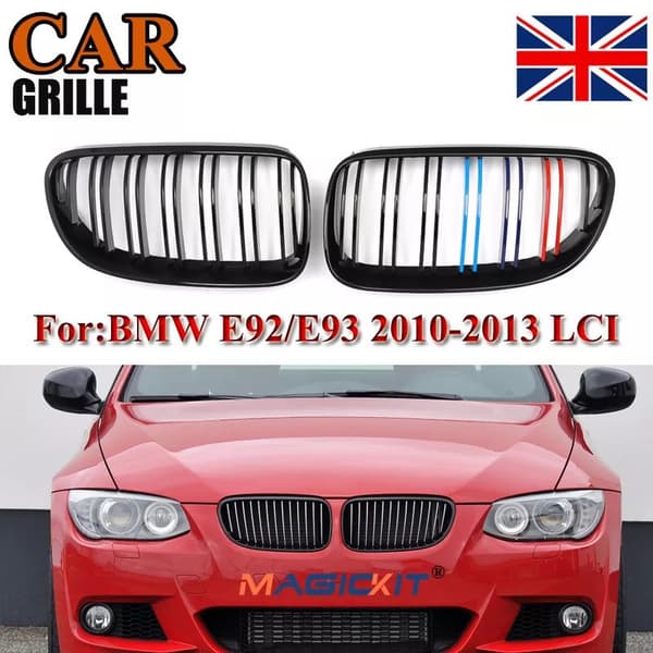 For BMW 3Series E92 E93 10-13 Gloss Black M Color Kidney Grilles Two Slat Grills