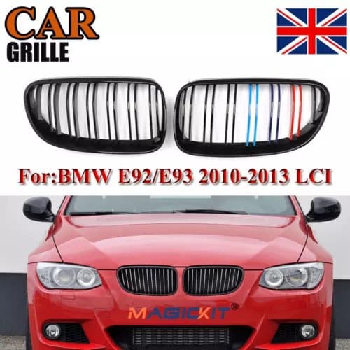 For BMW 3Series E92 E93 10-13 Gloss Black M Color Kidney Grilles Two Slat Grills