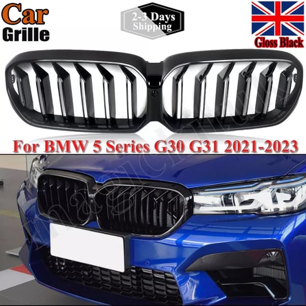 GLOSS BLACK DOUBLE SLAT KIDNEY GRILL GRILLE FOR 2020-23 BMW 5 SERIES G30 G31 LCI