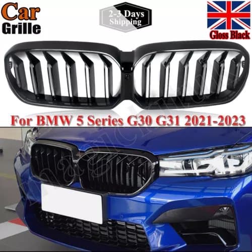 GLOSS BLACK DOUBLE SLAT KIDNEY GRILL GRILLE FOR 2020-23 BMW 5 SERIES G30 G31 LCI